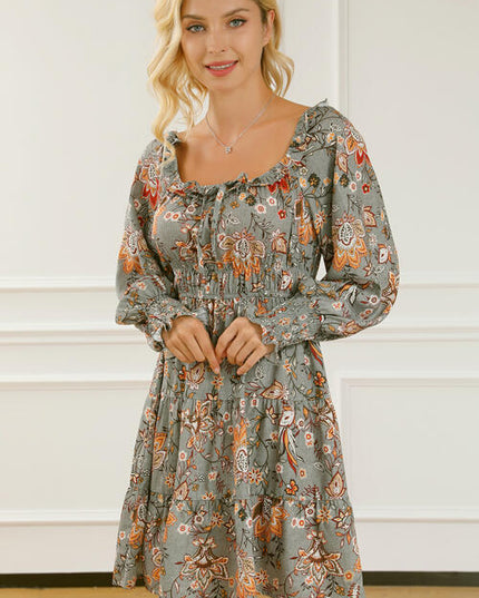 Printed Smocked Lantern Sleeve Tiered Dress