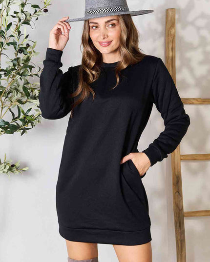 Double Take Round Neck Long Sleeve Mini Dress with Pockets