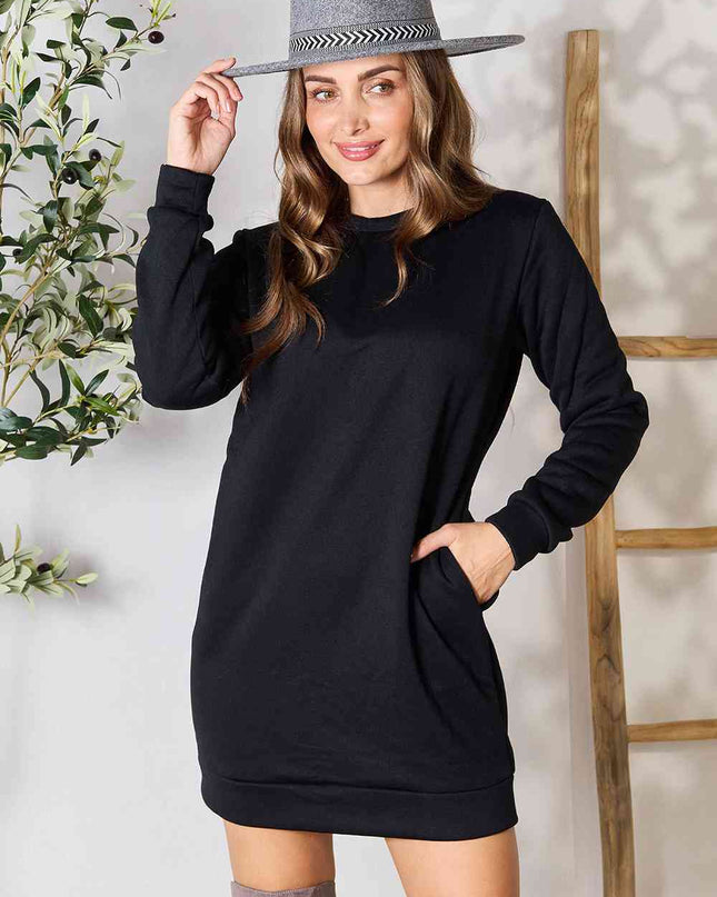 Double Take Round Neck Long Sleeve Mini Dress with Pockets