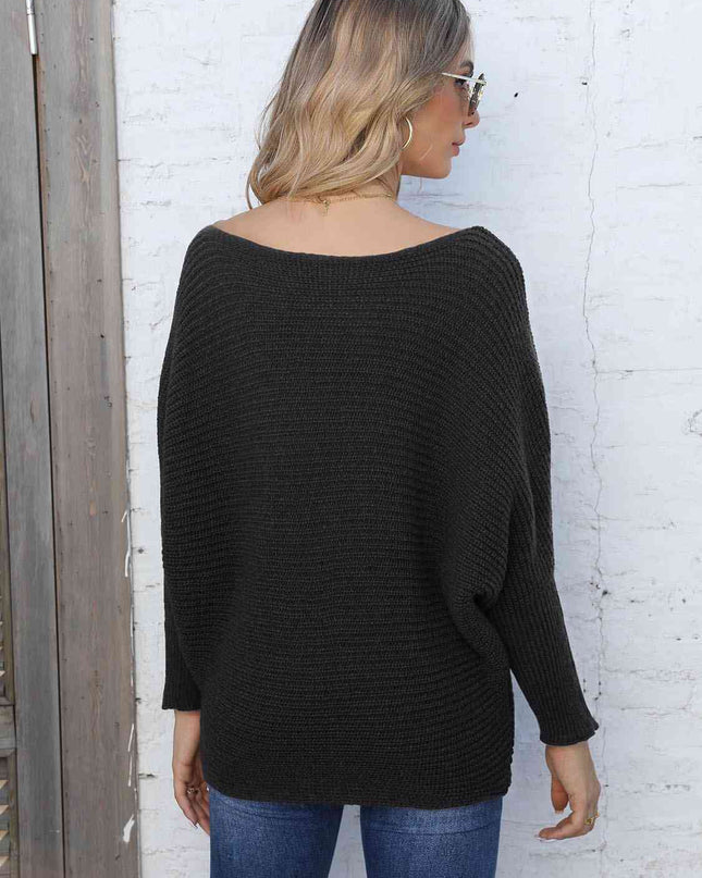 Full Size Horizontal Ribbing Dolman Sleeve Sweater