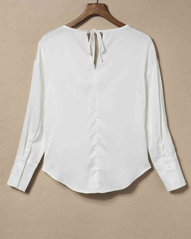 Cowl Neck Dropped Shoulder Long Sleeve Back Tie Blouse
