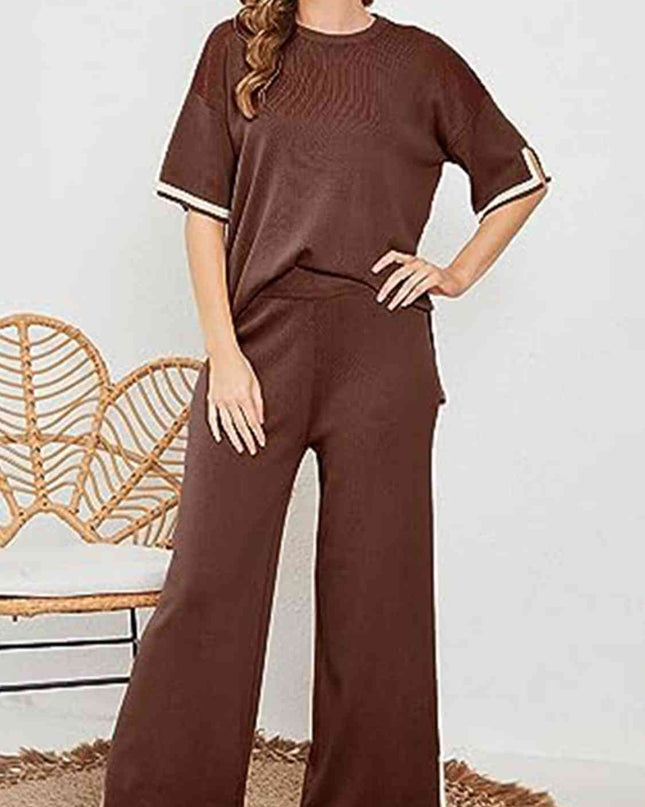 Contrast High-Low Sweater and Knit Pants Set