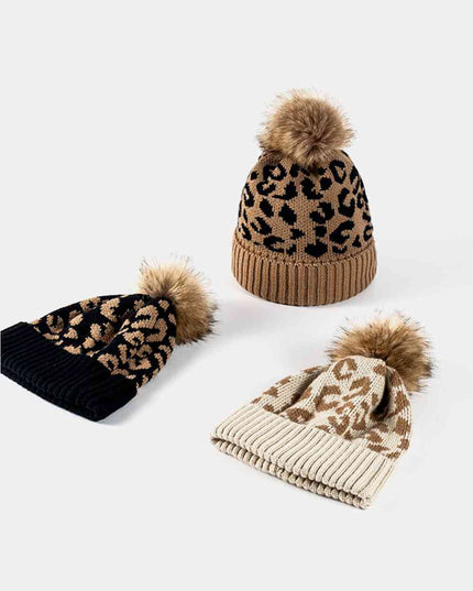 Leopard Pom-Pom Cuffed Beanie