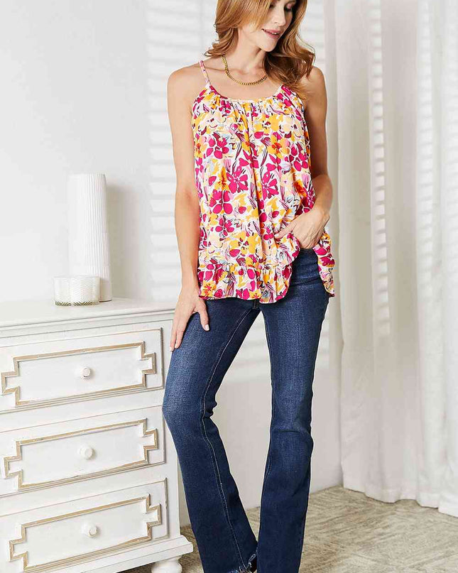 Double Take Floral Scoop Neck Ruffle Hem Cami