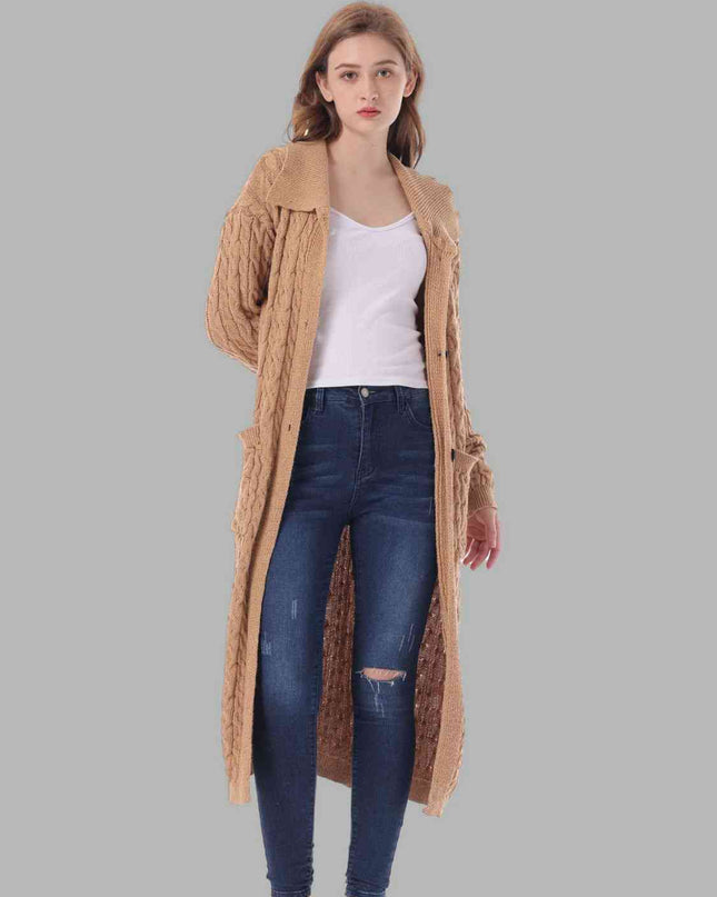 Cable-Knit Collared Neck Cardigan with Pockets