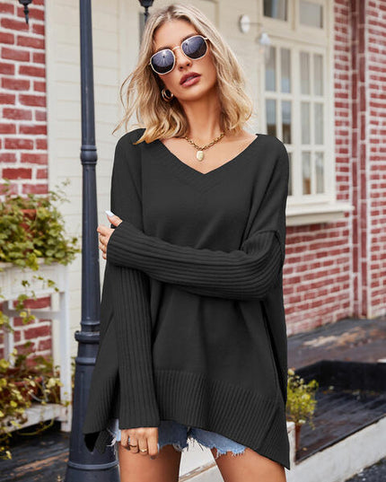 V-Neck Slit Exposed Seam Sweater