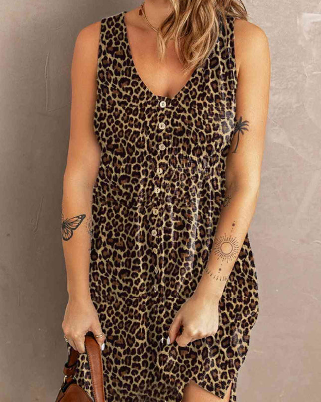 Double Take Printed Scoop Neck Sleeveless Buttoned Magic Dress with Pockets