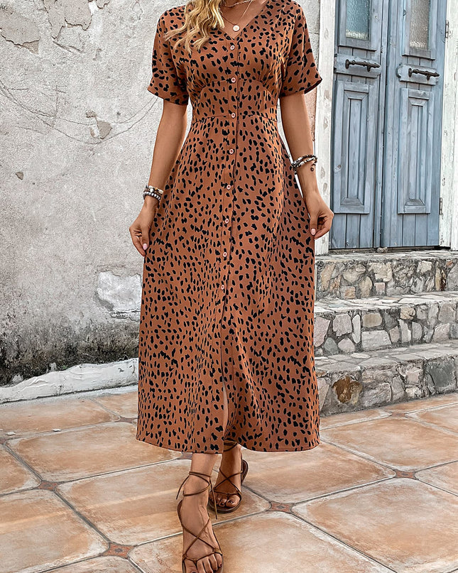 Printed V-Neck Short Sleeve Dress
