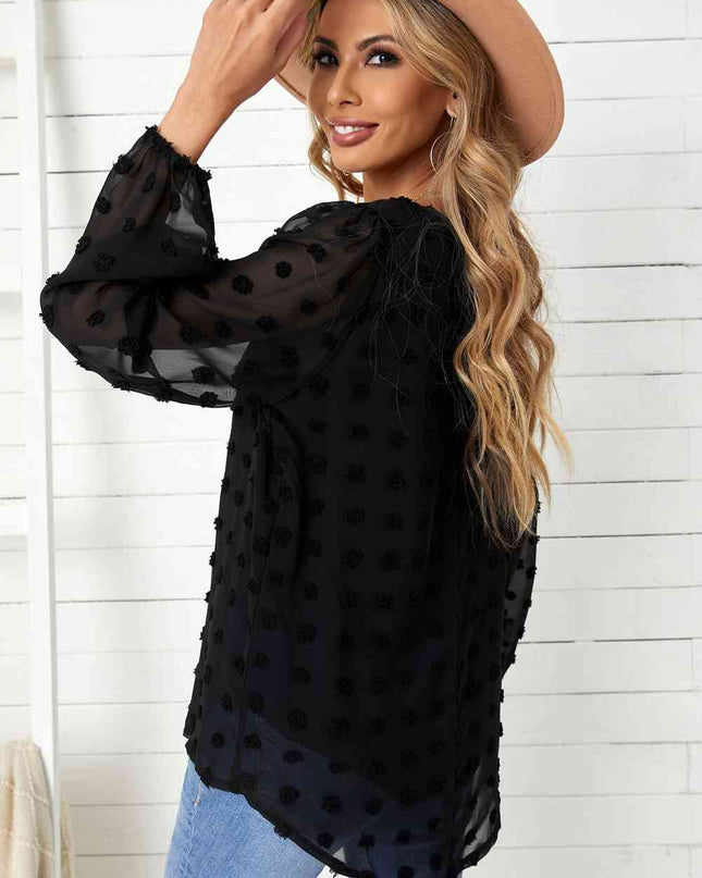 Swiss Dot Balloon Sleeve V-Neck Blouse