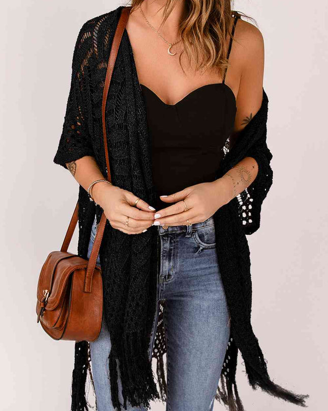 Fringe Hem Slit Open Front Cardigan