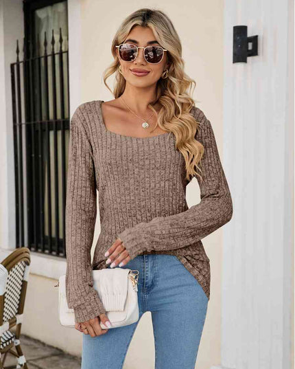 Square Neck Ribbed Long Sleeve T-Shirt