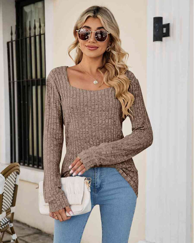 Square Neck Ribbed Long Sleeve T-Shirt