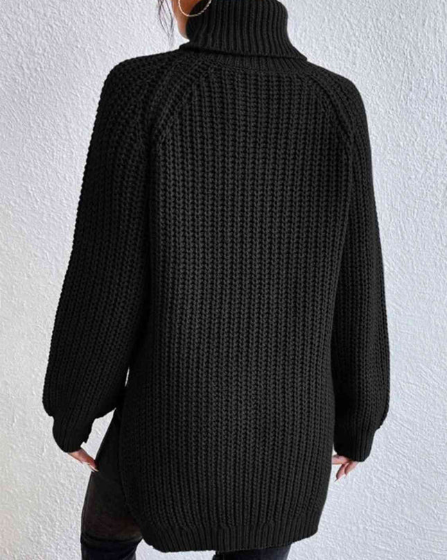 Full Size Turtleneck Rib-Knit Slit Sweater