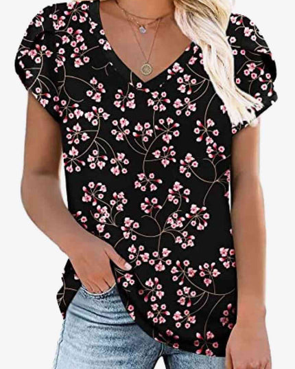 Printed Petal Sleeve V-Neck Blouse