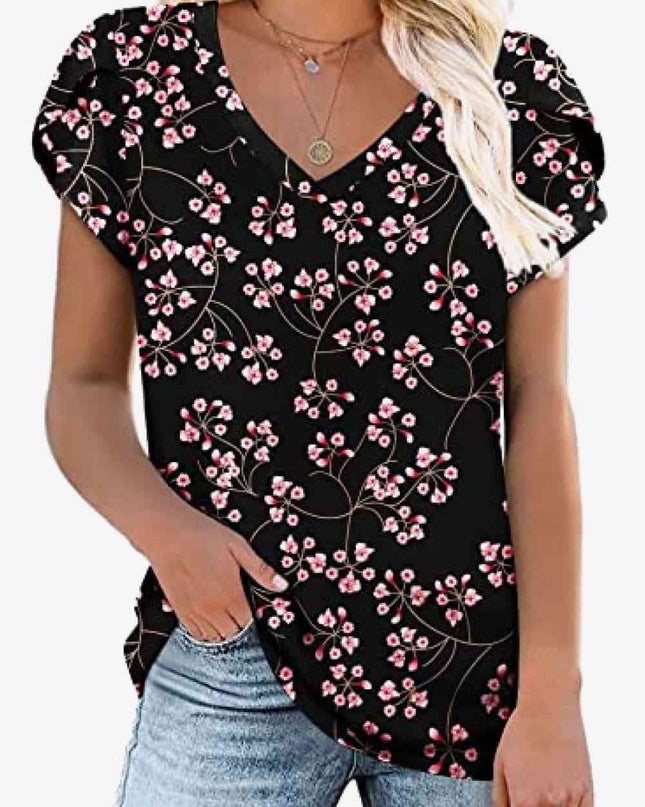 Printed Petal Sleeve V-Neck Blouse