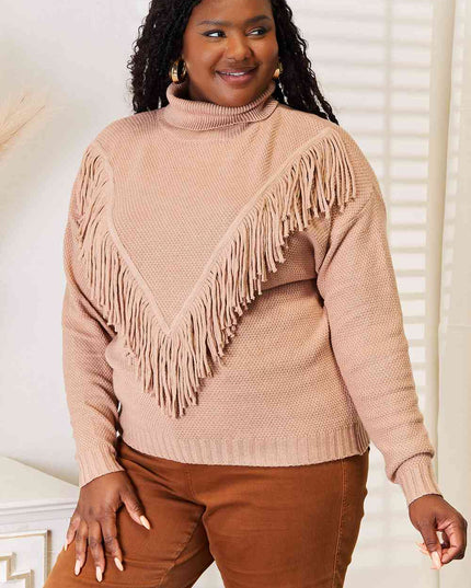 Woven Right Turtleneck Fringe Front Long Sleeve Sweater