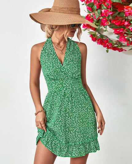 Ditsy Floral Halter Neck Ruffle Hem Dress