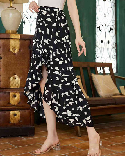 Printed Ruffled Front Slit Skirt