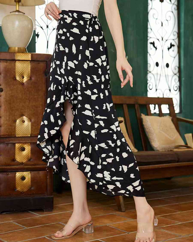 Printed Ruffled Front Slit Skirt