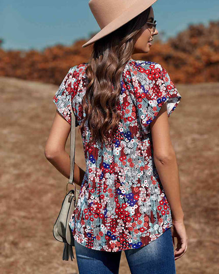 Floral Flutter Sleeve Tie-Neck Blouse