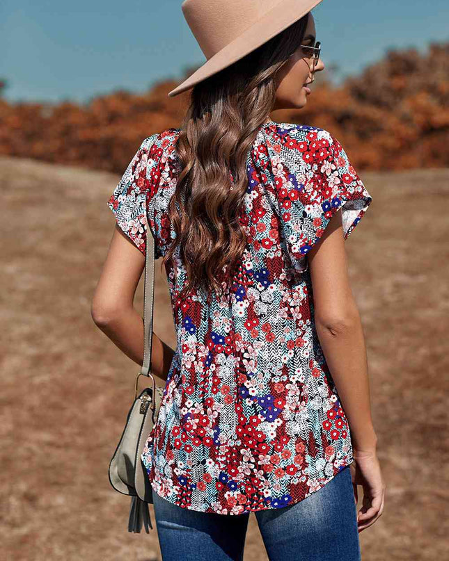 Floral Flutter Sleeve Tie-Neck Blouse