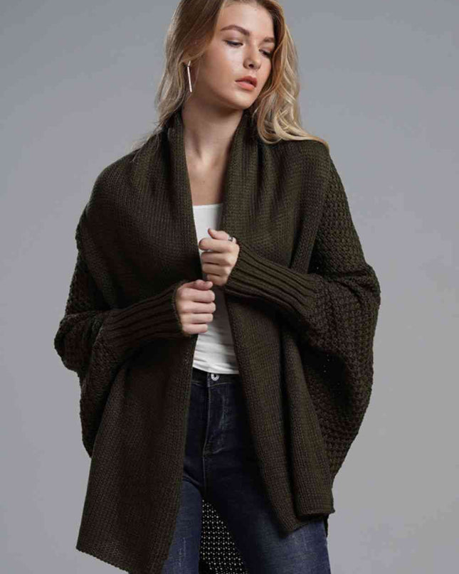 Double Take Dolman Sleeve Open Front Ribbed Trim Longline Cardigan