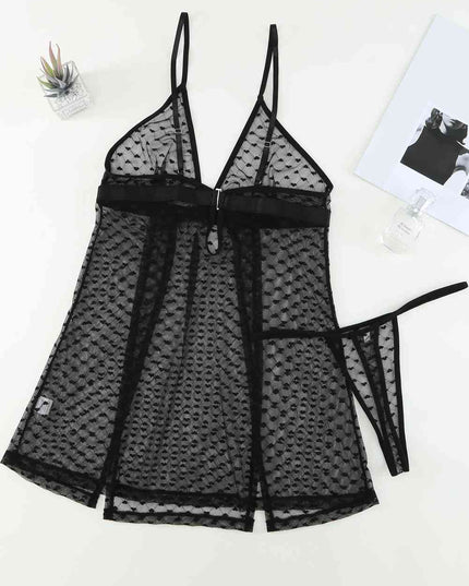 Heart Print Slit Hem Babydoll Lingerie Set with Thong