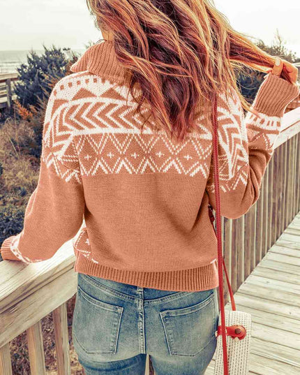 Zip-Up Mock Neck Dropped Shoulder Pullover Sweater