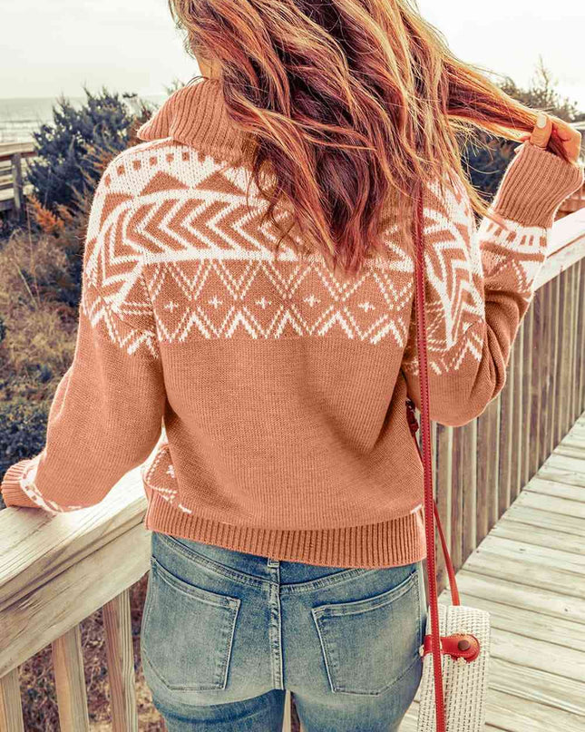 Zip-Up Mock Neck Dropped Shoulder Pullover Sweater