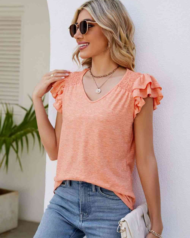 Smocked Flutter Sleeve V-Neck Top