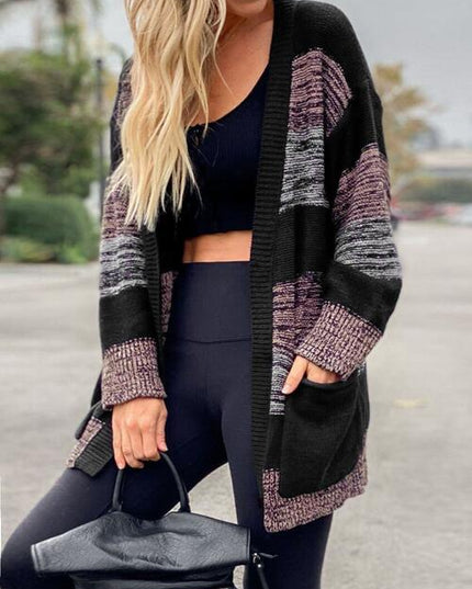 Striped Open Front Long Sleeve Cardigan with Pockets