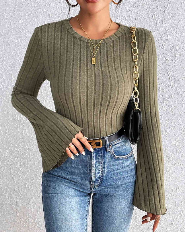 Ribbed Round Neck Flare Sleeve Top