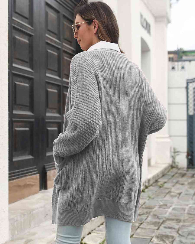 Open Front Rib-Knit Cardigan with Pockets