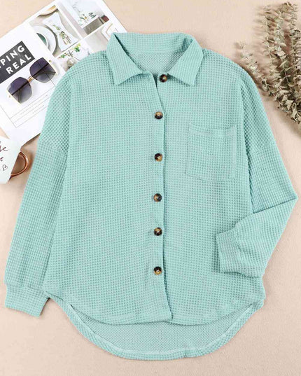 Waffle-Knit Button Up Long Sleeve Shirt with Pocket