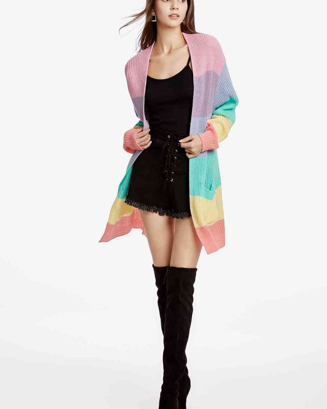 Color Block Open Front Drop Shoulder Cardigan with Pockets