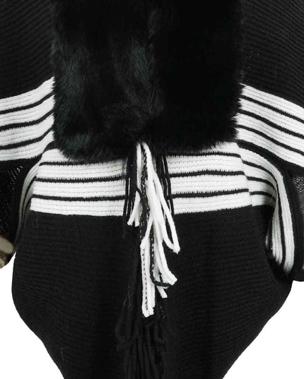 Striped Fringe Detail Long Sleeve Poncho