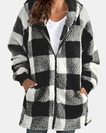 Plaid Zip Up Hooded Jacket with Pockets