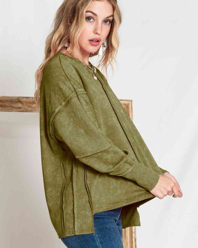 Full Size Exposed Seams Round Neck Dropped Shoulder Sweatshirt
