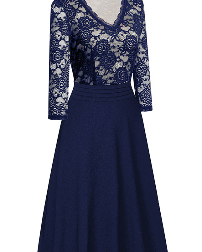 V-Neck Lace Detail Knee-Length Dress