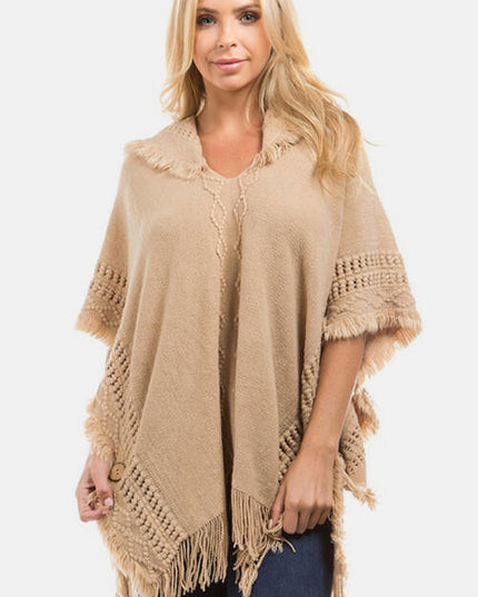 Fringed Crochet Buttoned Hooded Poncho