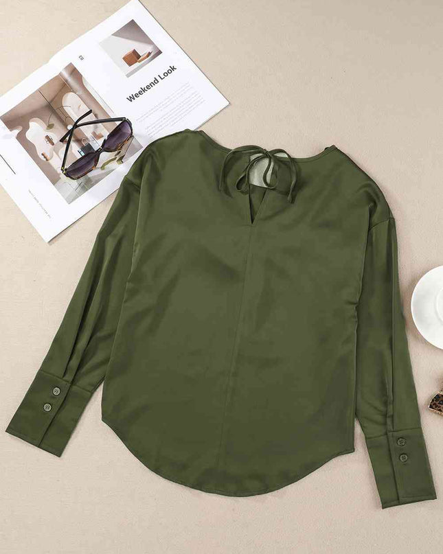 Cowl Neck Dropped Shoulder Long Sleeve Back Tie Blouse