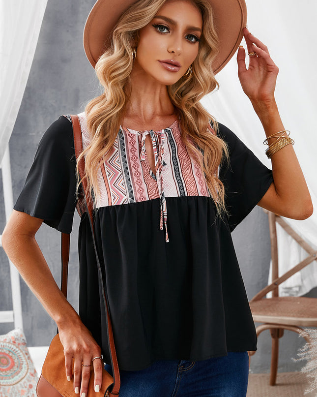 Geometric Print Color Block Tied Babydoll Blouse