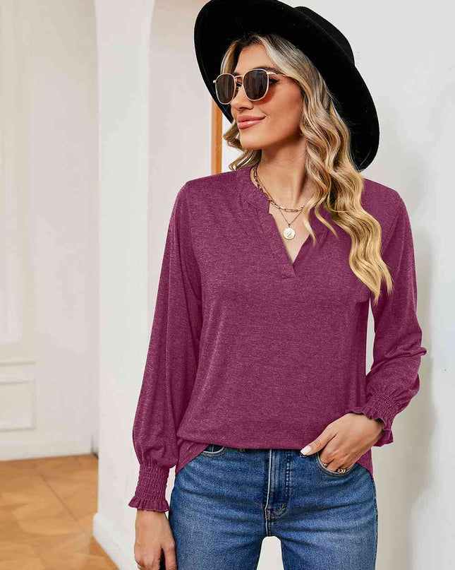 Notched Neck Long Sleeve Blouse