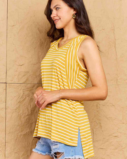 Doublju Talk To Me Full Size Striped Sleeveless V-Neck Top