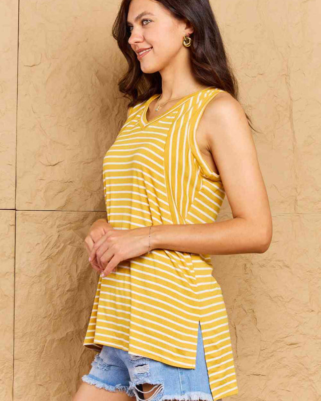 Doublju Talk To Me Full Size Striped Sleeveless V-Neck Top