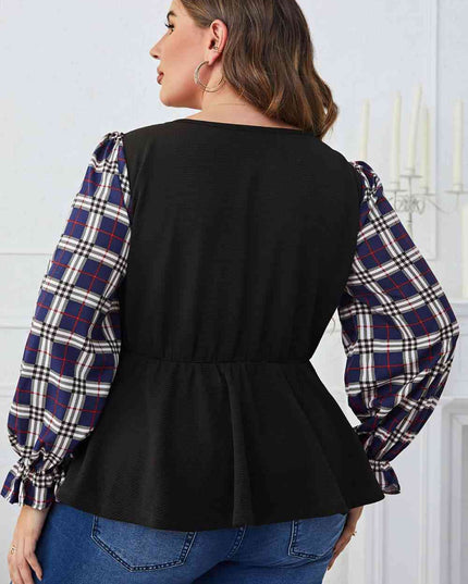 Melo Apparel Plus Size Plaid Print Square Neck Ruched Blouse