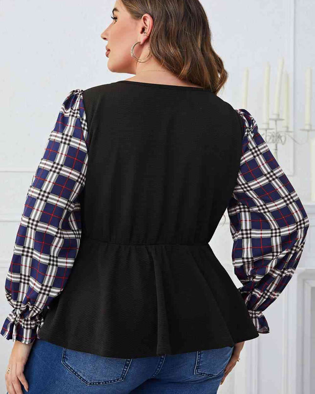 Melo Apparel Plus Size Plaid Print Square Neck Ruched Blouse