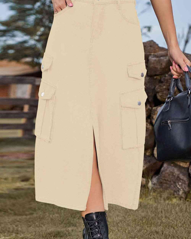 Slit Front Midi Denim Skirt with Pockets