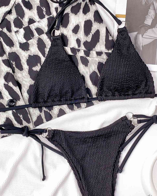 Textured Halter Neck Tie Side Bikini Set