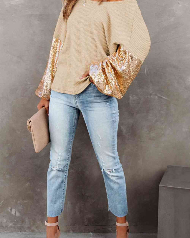 Sequin Waffle-Knit Blouse
